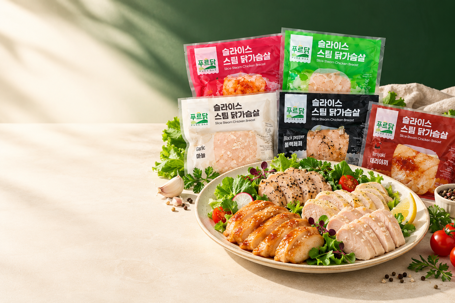 푸르닭 닭가슴살 5가지 맛과 닭가슴살 한 접시