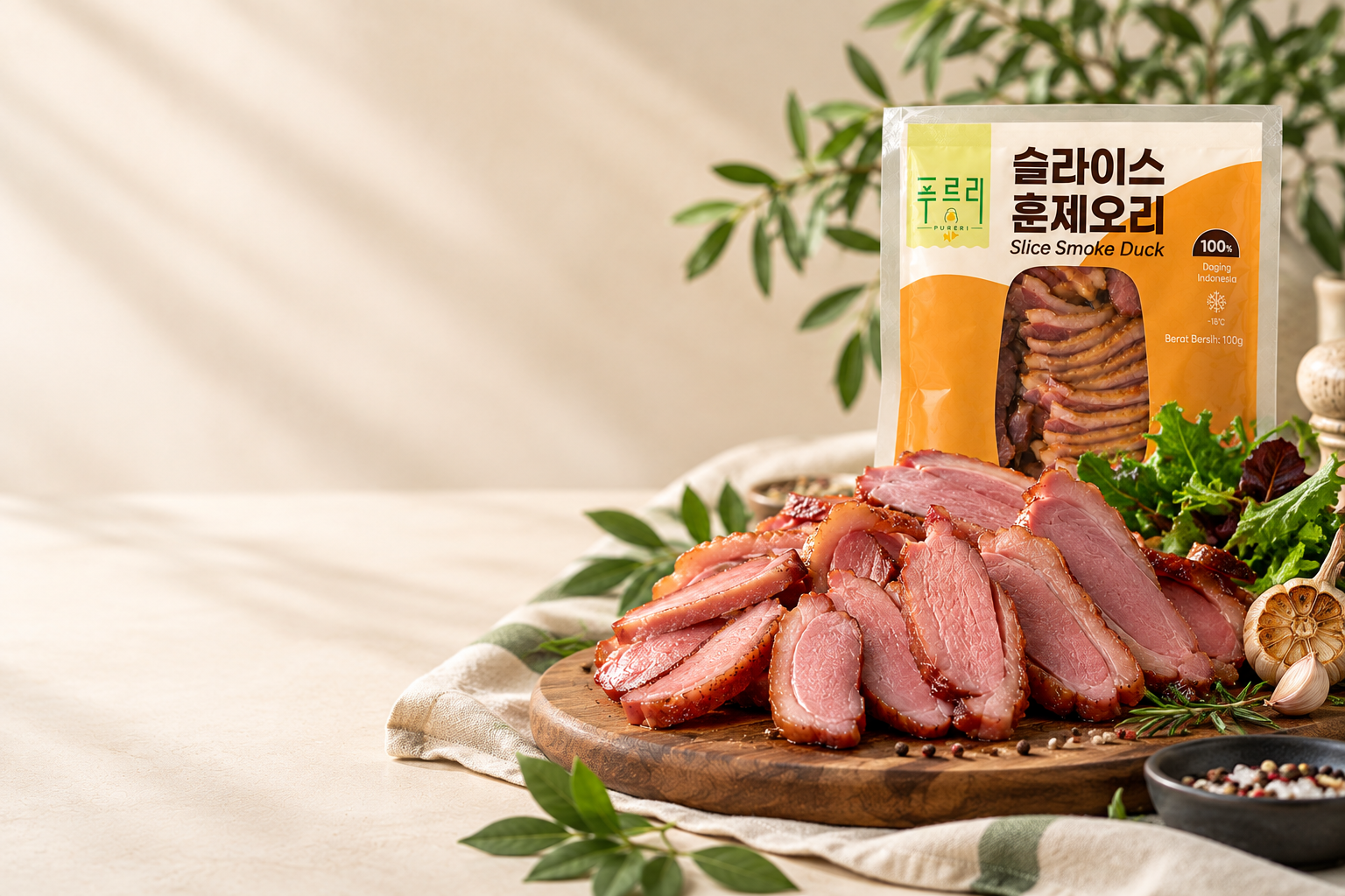 푸르리 훈제오리 제품과 슬라이스 훈제오리 한 접시